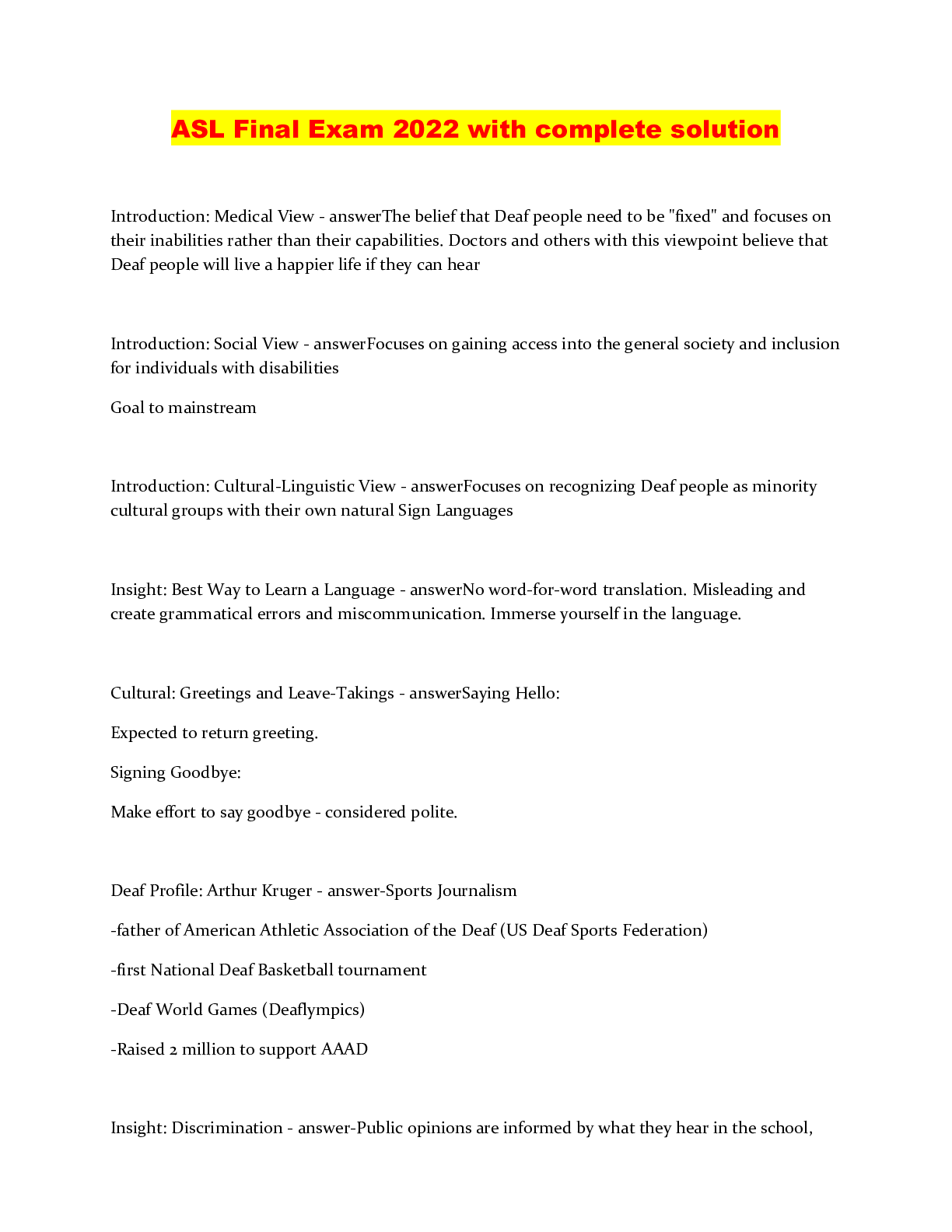 Preview image of ASL Final Exam 2022 with complete solution document